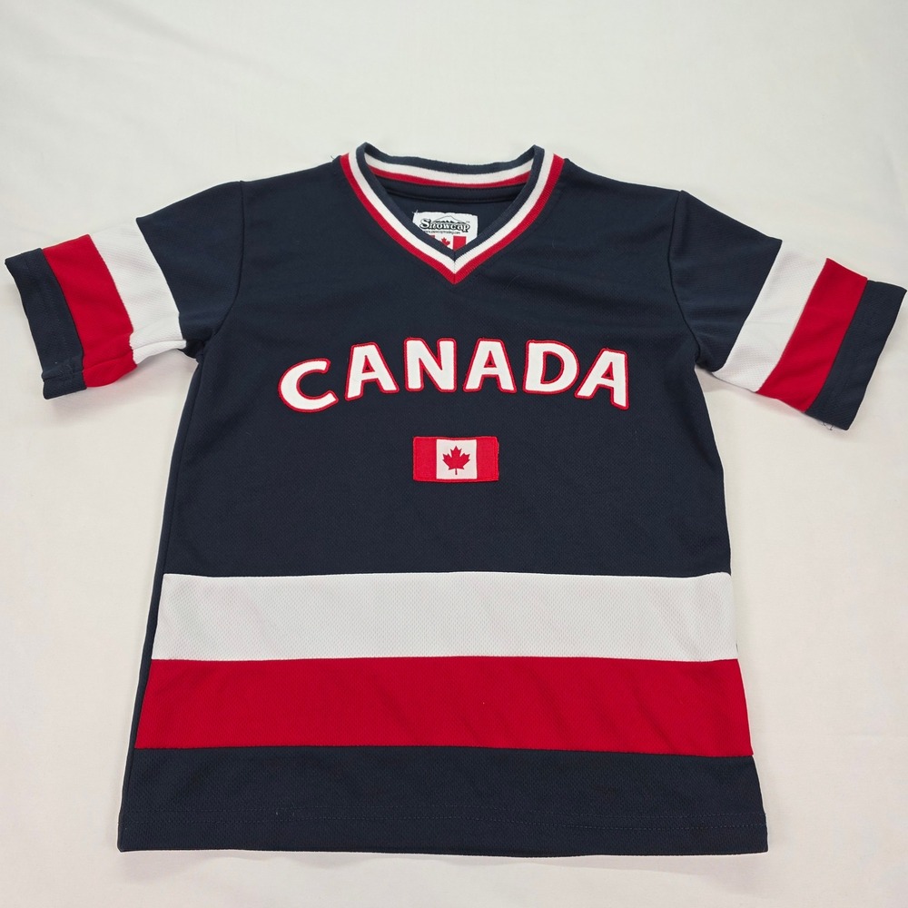 Vtg Snowcap Canada Kids Jersey Shirt Navy‎ Blue Red White V-Neck Size Small S/P